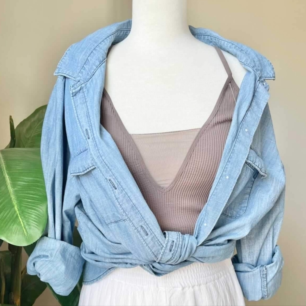 Old Navy Chambray Blouse Oversized Blue Button Down Top Casual Boho Cotton XL